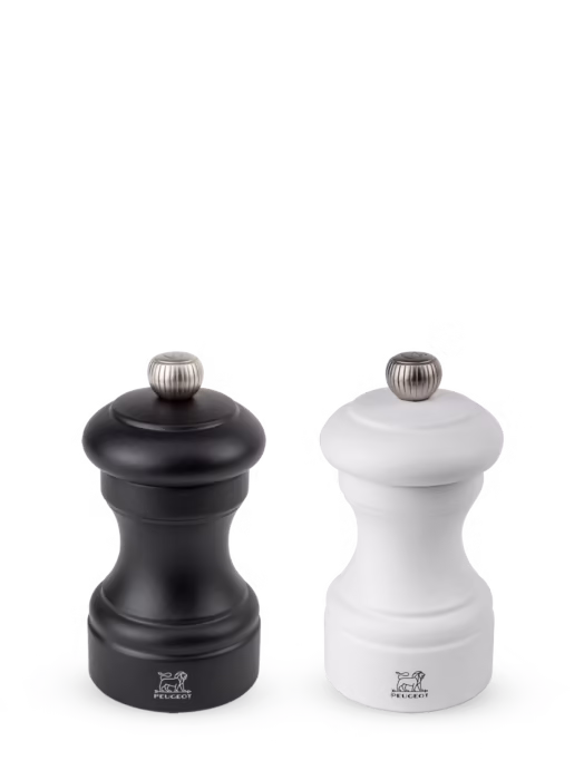 Peugeot Bistro Duo of Manual Beechwood Salt and Pepper Mills in Black and White 10cm Peugeot Bistro Duo of Manual Beechwood Salt and Pepper Mills in Black and White 10cm