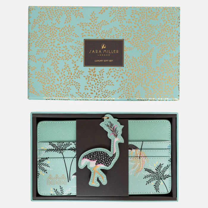 Sara Miller Travel Organiser and Keyring Gift Set - Mint Ostrich & Palms Sara Miller Travel Organiser and Keyring Gift Set - Mint Ostrich & Palms