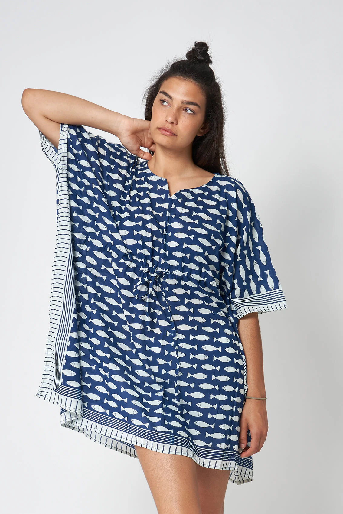 Batela Fish Print Poncho with Blue Background Batela Fish Print Poncho with Blue Background