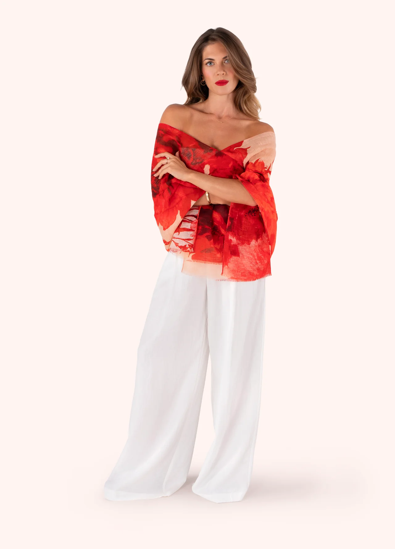 Powder Linen/Cotton Mix Scarf - Rouge Blooms Powder Linen/Cotton Mix Scarf - Rouge Blooms