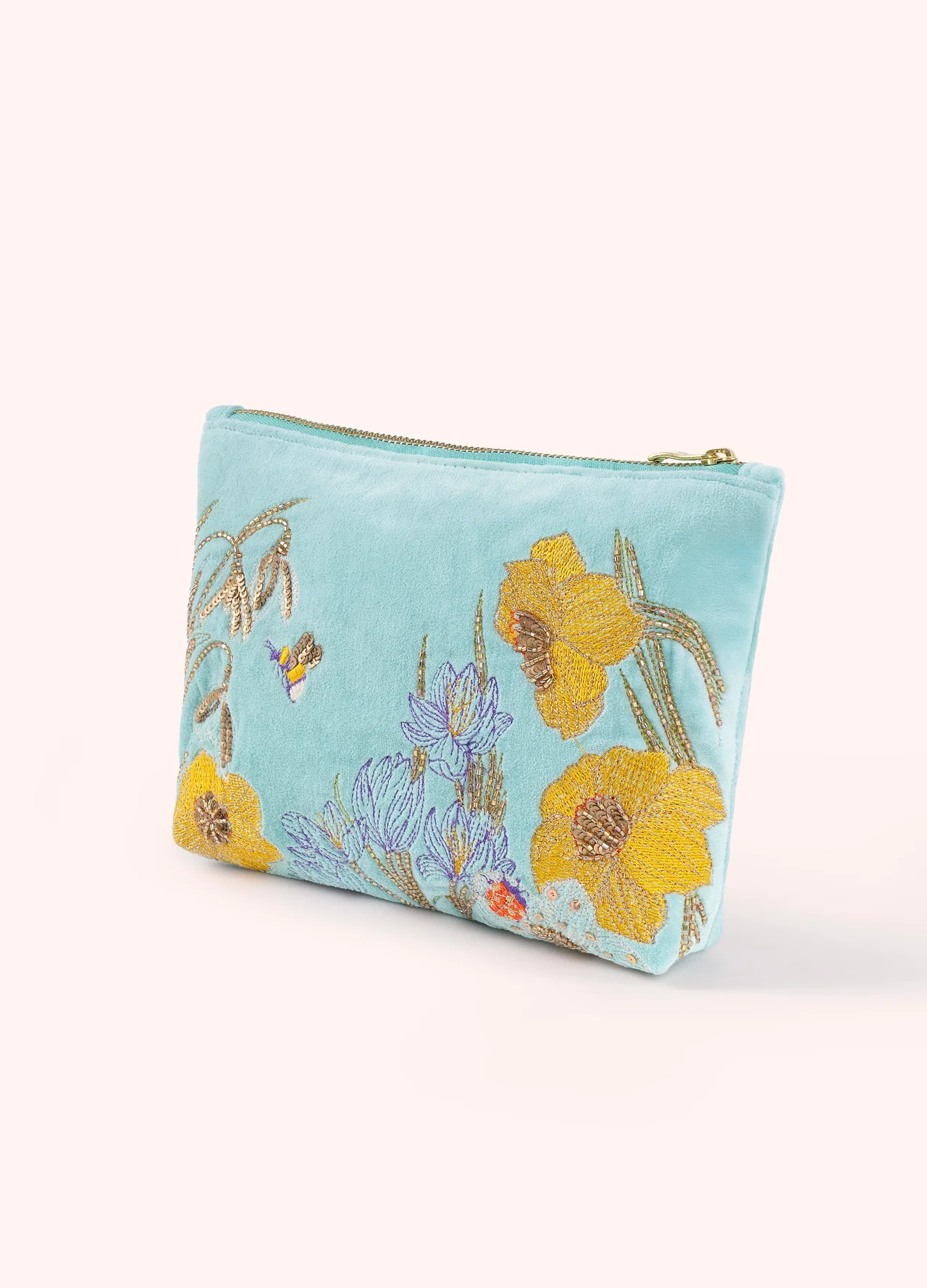 Powder Mid Sized Velvet Embroidered Zip Pouch - Wildflower Meadow Powder Mid Sized Velvet Embroidered Zip Pouch - Wildflower Meadow