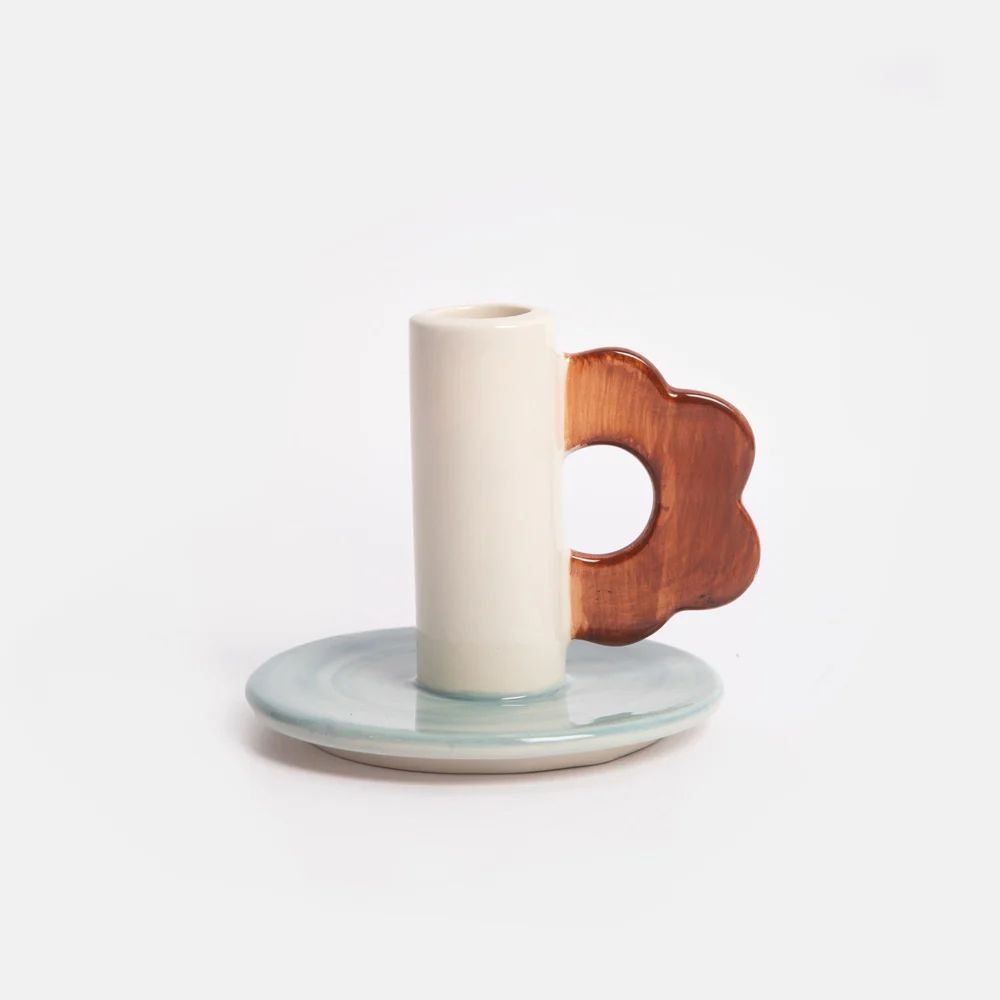 Caroline Gardner Blue/Brown Flower Stoneware Candle Holder Caroline Gardner Blue/Brown Flower Stoneware Candle Holder