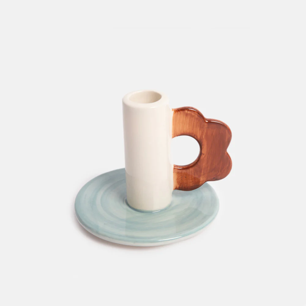 Caroline Gardner Blue/Brown Flower Stoneware Candle Holder Caroline Gardner Blue/Brown Flower Stoneware Candle Holder