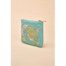 Powder Velvet Embroidered Mini Pouch - Hummingbird Aqua