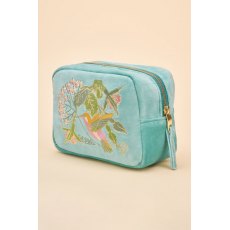 Powder Velvet Embroidered Make Up Bag - Hummingbird Aqua