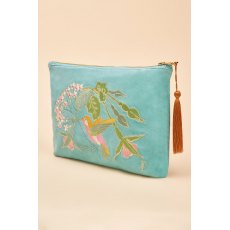 Powder Velvet Embroidered Zip Pouch - Hummingbird Aqua