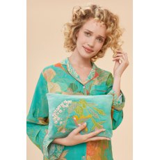 Powder Velvet Embroidered Zip Pouch - Hummingbird Aqua