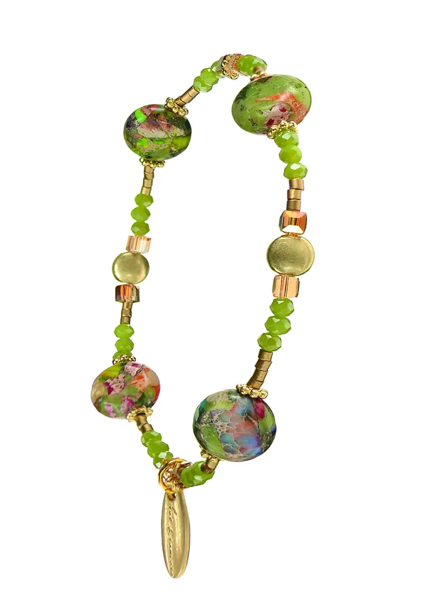 Hot Tomato Pill Bead with Crystal Elasticated Bracelet - Moss/Green/Gold