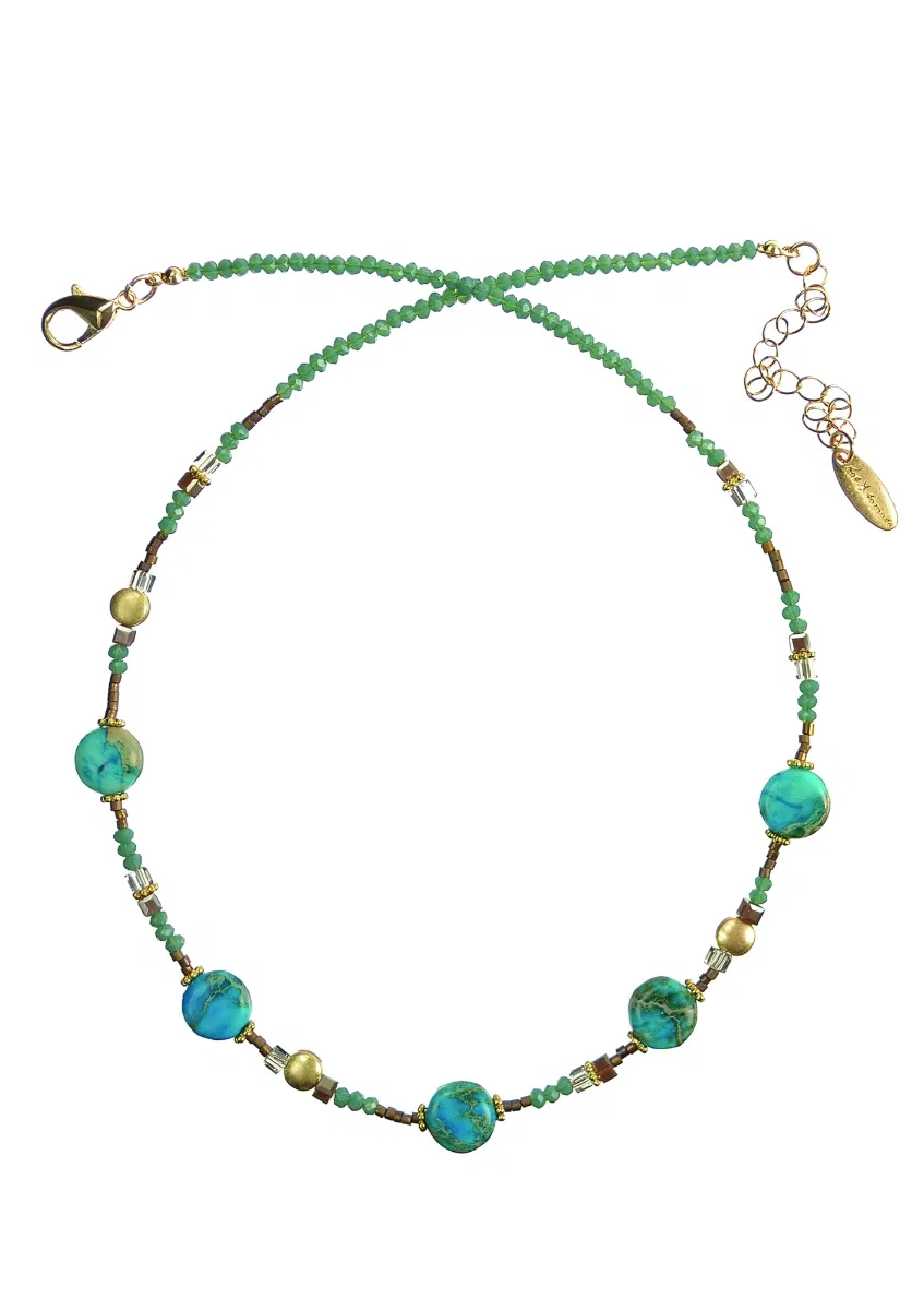 Hot Tomato Pill Bead with Crystal Necklace - Teal/Turq/Gold