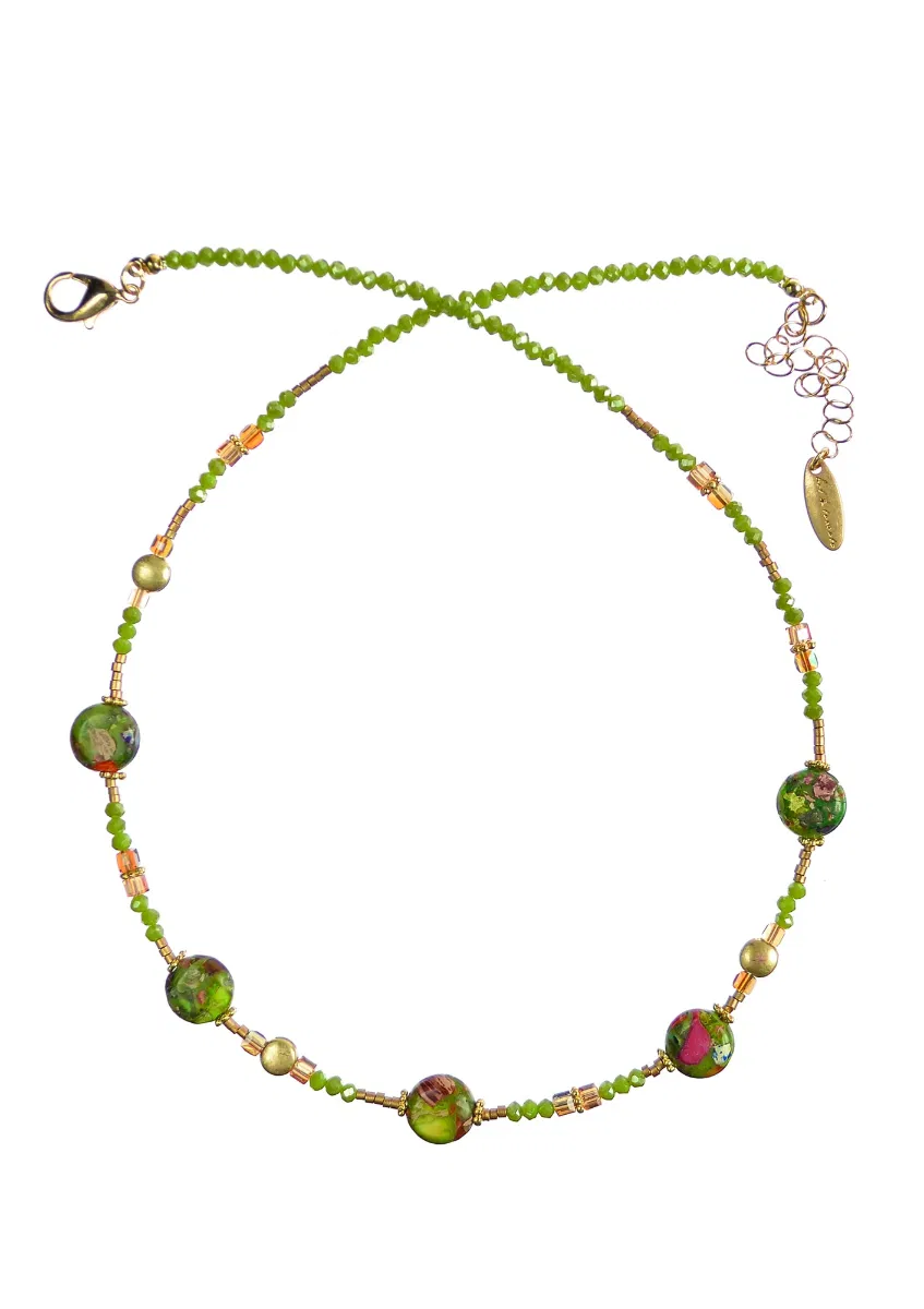 Hot Tomato Pill Bead W/Crystal Necklace Thread Chain - Moss/Green/Gold