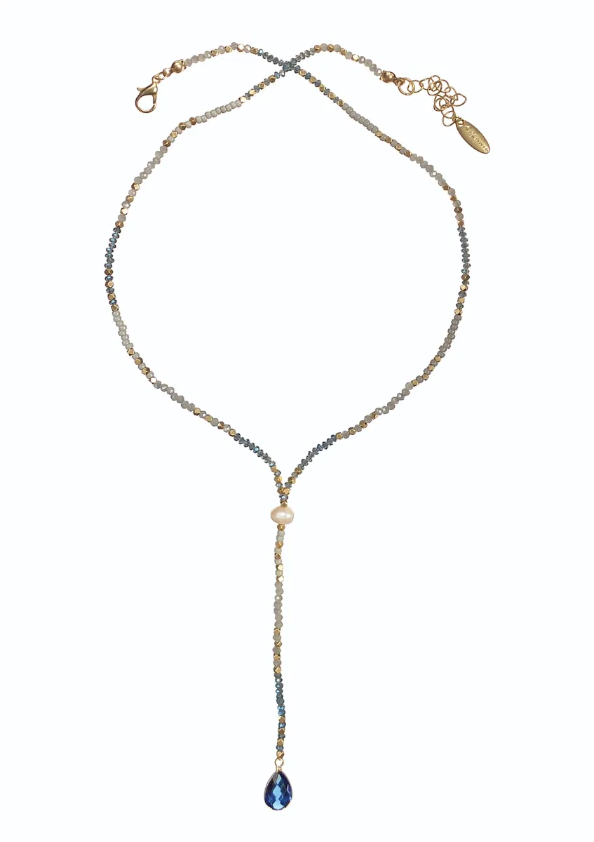 Hot Tomato Crystal Teardrop Plunge with Pearl Necklace - Blue/Grey/Gold