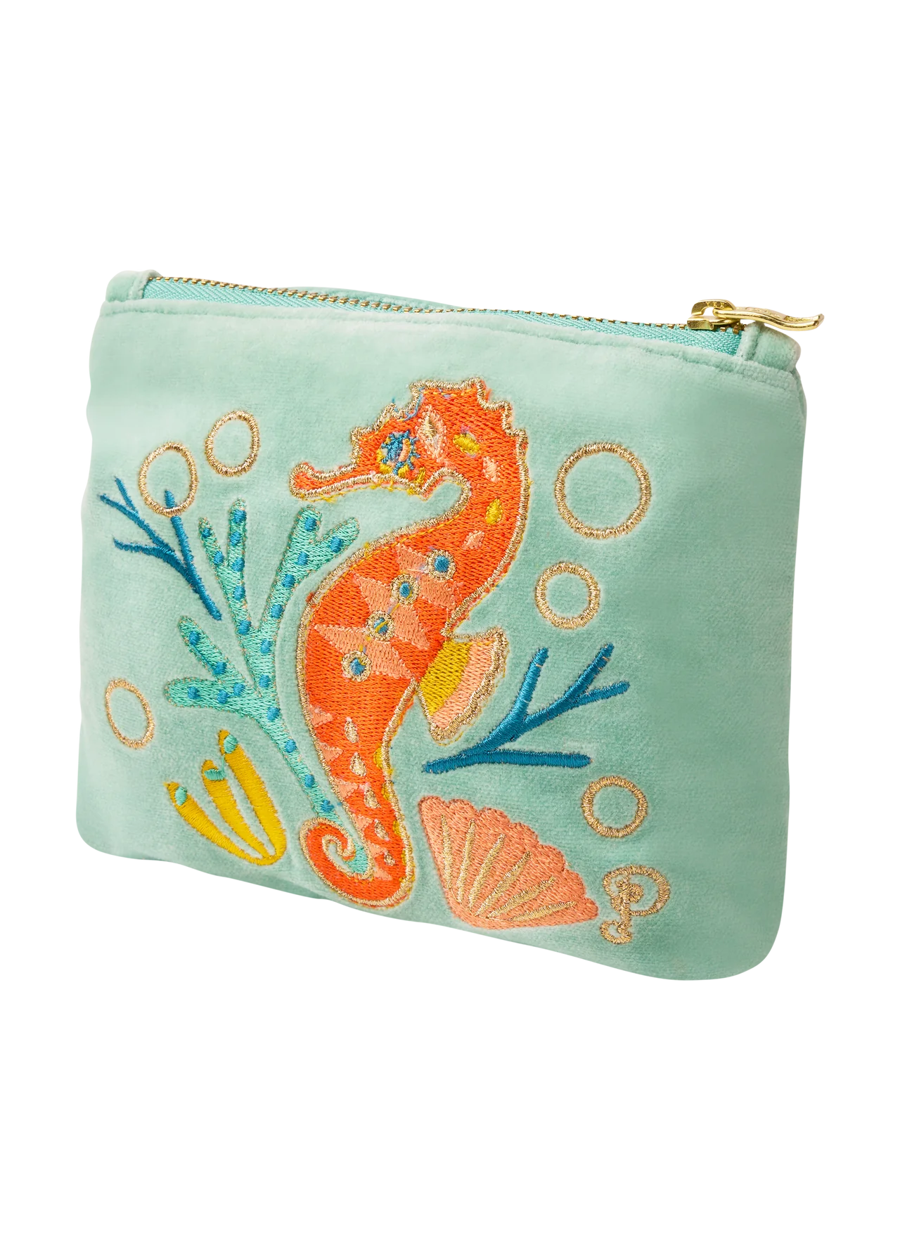 Powder Velvet Embroidered Mini Pouch - Sparkling Seahorse Aqua