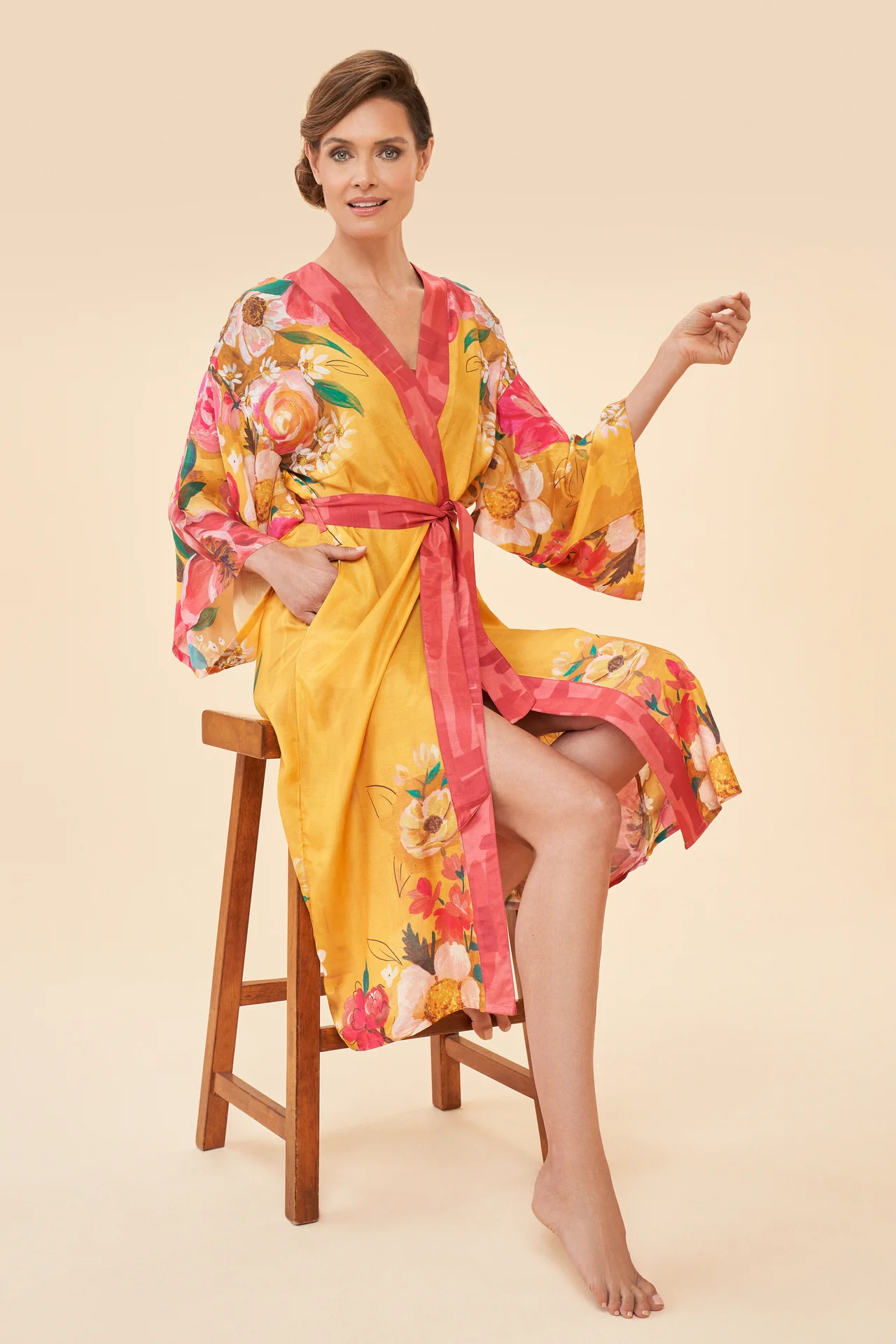 Powder Kimono Gown - Impressionist Floral Mustard