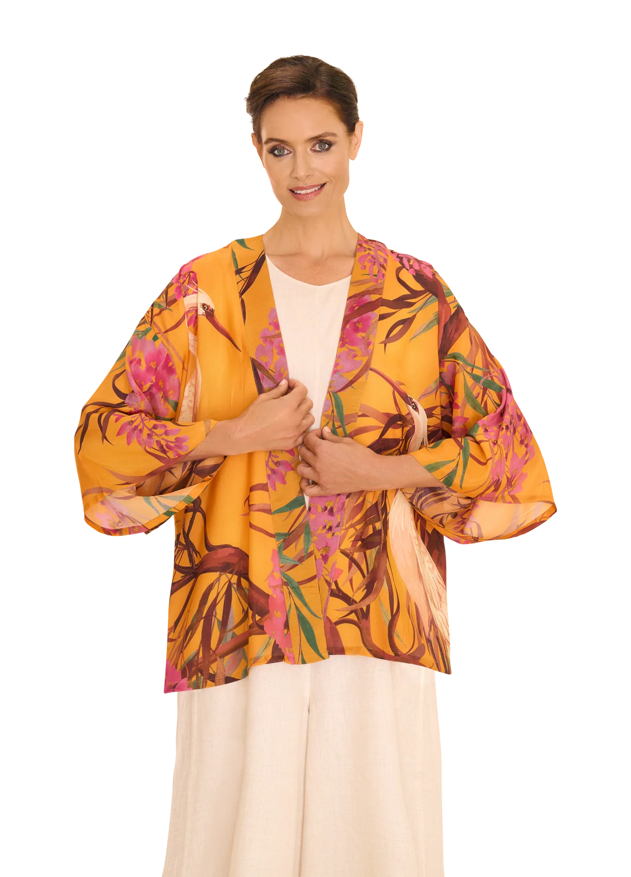 Powder Kimono Jacket - Oriental Crane Ochre