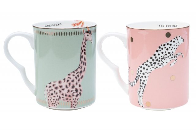 Yvonne Ellen Set of 2 Mugs Cheetah & Giraffe