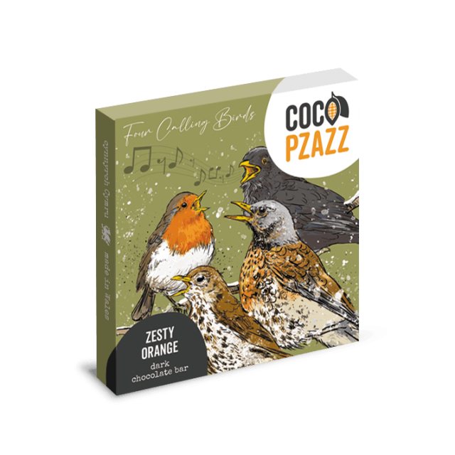 Coco Pzazz x Ed Stokes Four Calling Birds Zesty Orange Dark Chocolate Bar VEGAN 80g