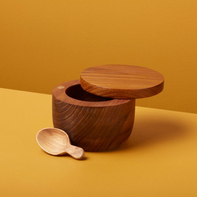 Teak Cellar with Spoon & Pivoting Lid