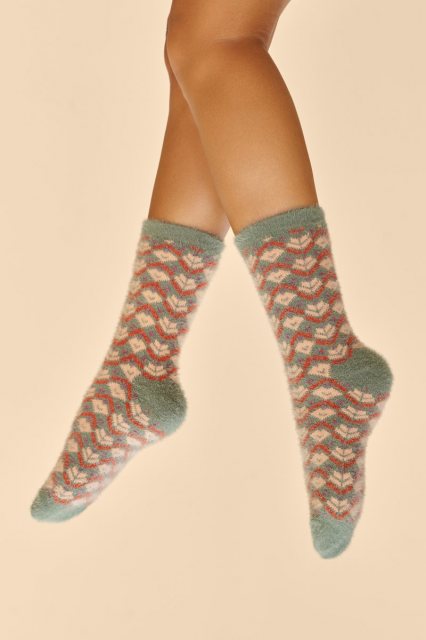 Powder Fair Isle Fuzzy Slipper Socks | Teal