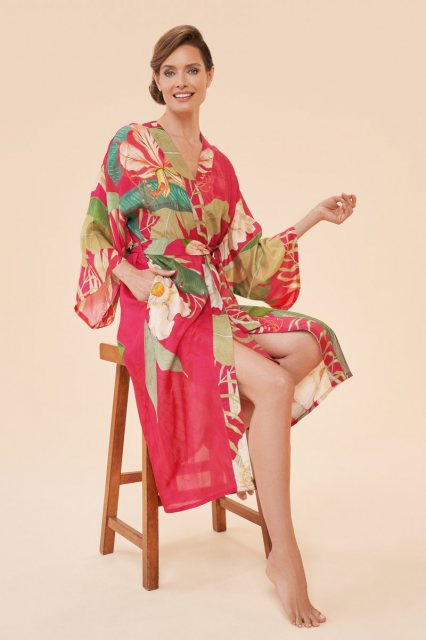 Powder Delicate Tropical Kimono Gown - Dark Rose