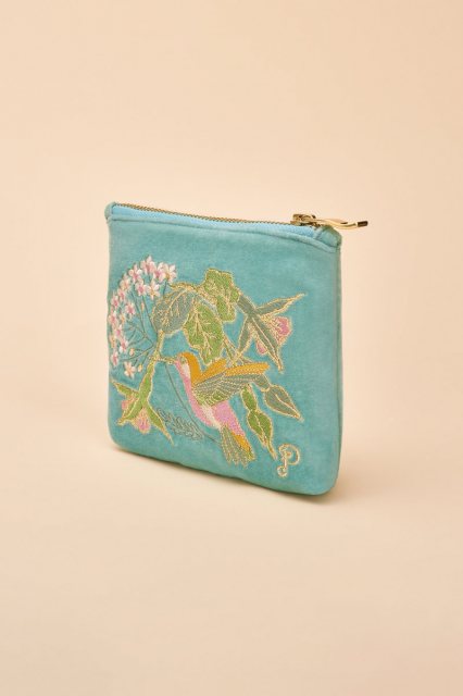 Powder Velvet Embroidered Mini Pouch - Hummingbird Aqua