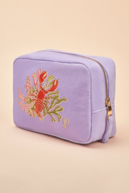 Powder Velvet Embroidered Make Up Bag - Lobster Buddies Lavender