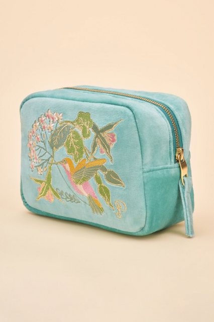 Powder Velvet Embroidered Make Up Bag - Hummingbird Aqua