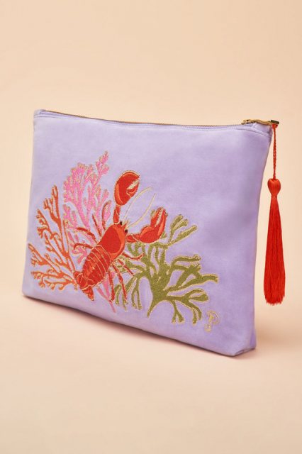 Powder Velvet Embroidered Zip Pouch - Lobster Buddies Lavender