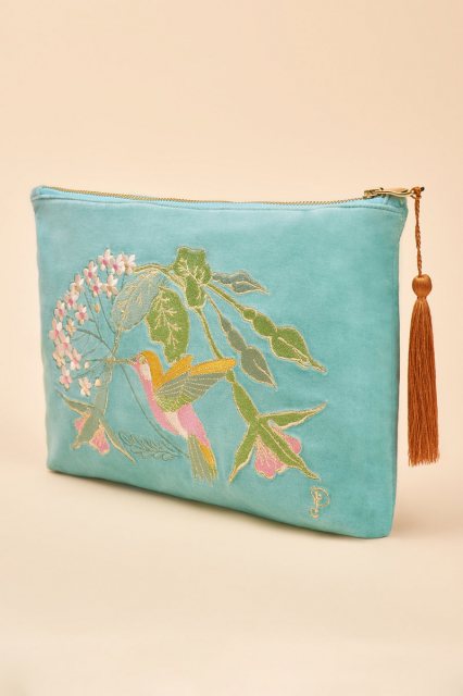 Powder Velvet Embroidered Zip Pouch - Hummingbird Aqua