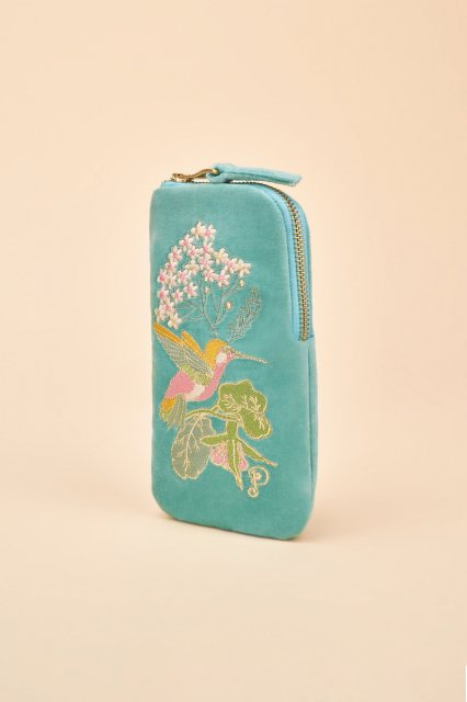 Powder Velvet Embroidered Sunglasses Pouch - Hummingbird Aqua