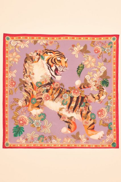 Powder 100% Silk Prancing Tiger Scarf - Lilac