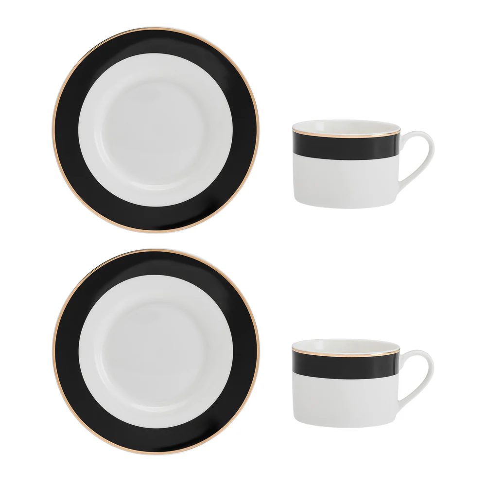 Mikasa Luxe Deco China Tea Cups and Saucers Set of 2