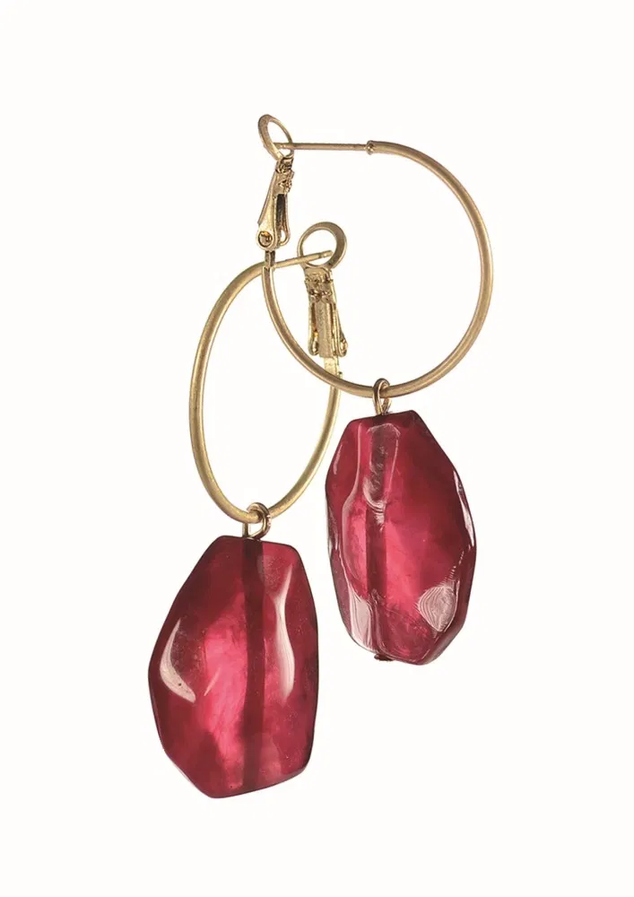 Hot Tomato Facetted Acrylic Bead Hoop Earrings - Gold/Wine