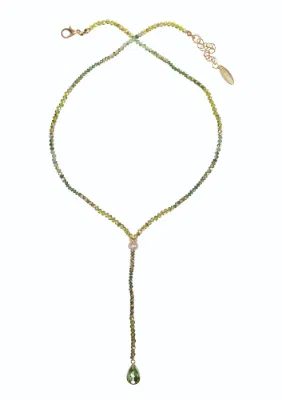 Hot Tomato Crystal Teardrop Plunge with Pearl Necklace - Green/Gold