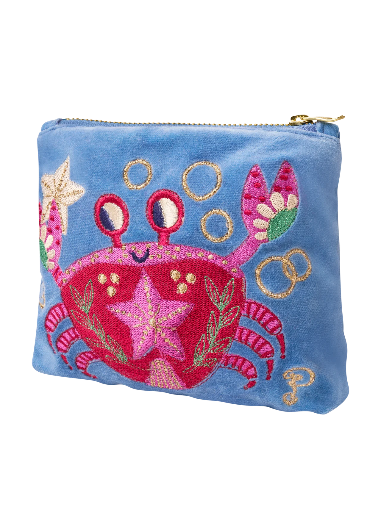 Powder Velvet Embroidered Mini Pouch - Seafaring Crab Cornflower