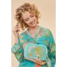 Powder Velvet Embroidered Make Up Bag - Hummingbird Aqua